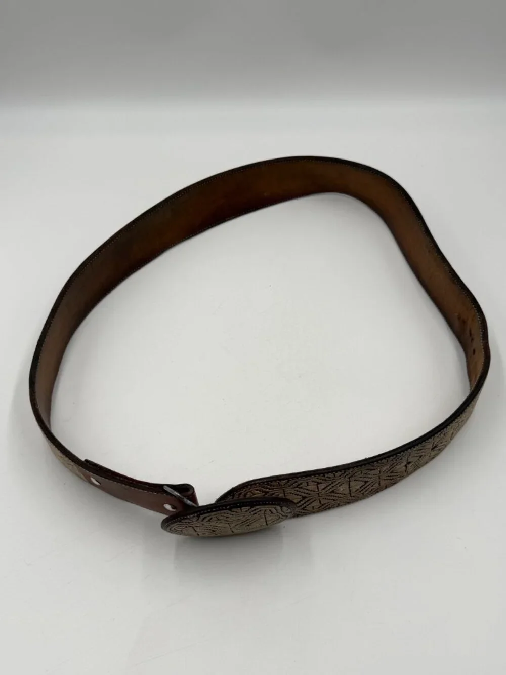 Mexican Embroidered Western Charro Belt Handcrafted Geometric Brown Sz 40 READ